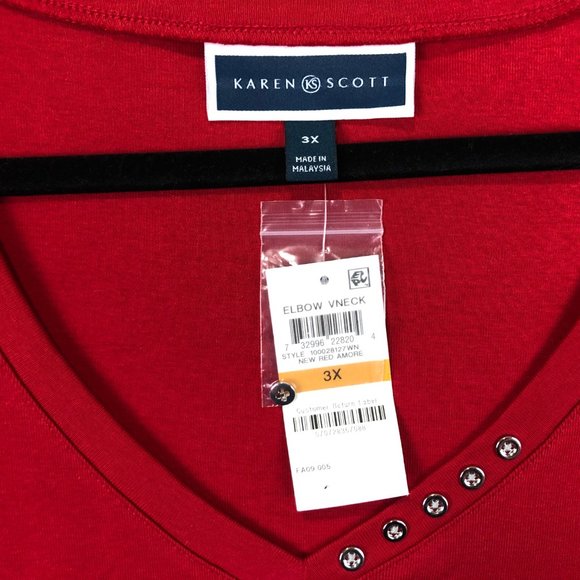 Karen Scott Top Size 0X Women Elbow Short Sleeve V Neck Solid Red Button Accent - Picture 3 of 10